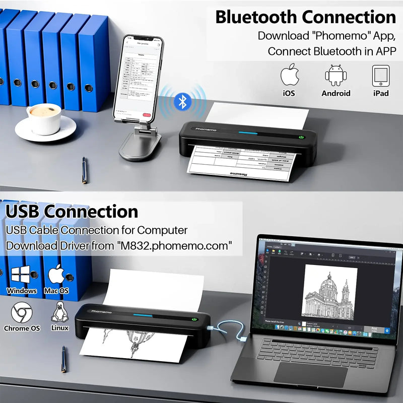 Impressora sem tinta M832 Impressora portátil sem fio Bluetooth Impressora térmica Suporte Carta A4 5-Tamanho Papel térmico Impressora móvel