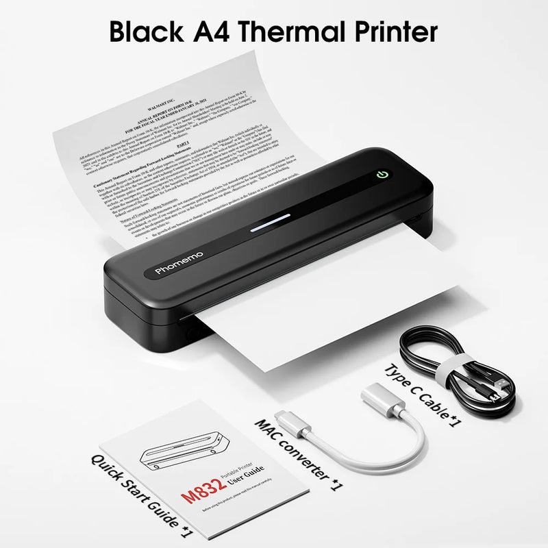 Impressora sem tinta M832 Impressora portátil sem fio Bluetooth Impressora térmica Suporte Carta A4 5-Tamanho Papel térmico Impressora móvel